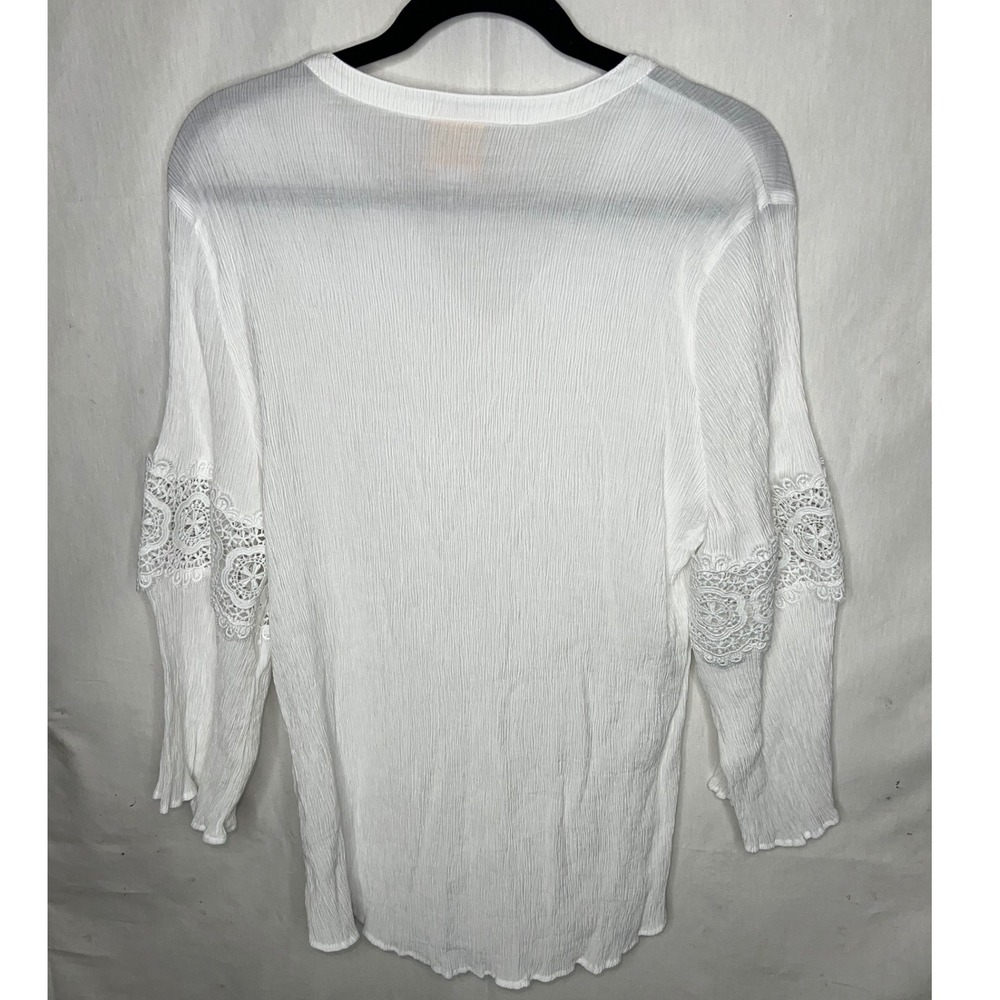 Ruby Rd. Woman White Crinkle‎ Knit Crochet Lace 3/4 Bell Sleeve Blouse Top 2X - Picture 4 of 5